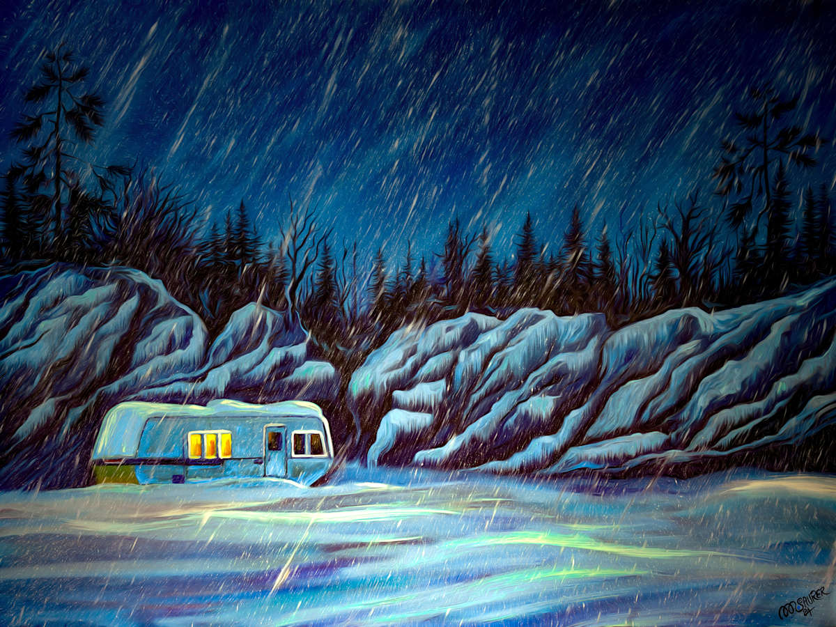 Minnesota by Marissa Kayne Saurer  Image: This captures a snowy night scene, featuring a camper nestled in a winter landscape. The background is dominated by a dramatic sky swirling with snow amidst a dense row of trees. The caravan itself exudes warmth with its glowing windows contrasting beautifully against the cold, dark environment, creating a focal point of refuge and coziness.
