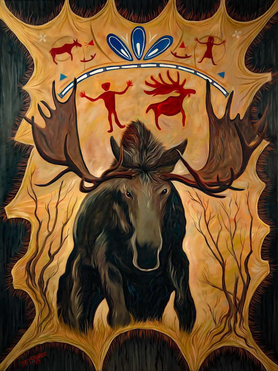 Moose Spirit by Marissa Kayne Saurer  Image: In this captivating oil painting, the viewer is met with the formidable gaze of an aggressive bull moose, its massive antlers and intense eyes a testament to the raw power and majesty of nature. Stretched across a richly textured skin canvas, this formidable creature stands as a guardian of the wilderness, exuding an aura of both strength and grace. Surrounding the moose, ancient petroglyphs intricately etched into the background whisper tales of Native Americans and their harmonious interactions with these majestic animals. The contrast between the vivid realism of the moose and the archaic simplicity of the petroglyphs invites viewers into a realm where past meets present, evoking a sense of reverence for the natural world and its deep connections to human history.

This art piece is not just a visual experience, but a journey into the timeless bond between nature and humanity. Inspired by the BWCA petroglyph on South Hegman Lake. A massive bull moose rises to challenge any and all foes, creating a timeless dialogue between the past and present. 