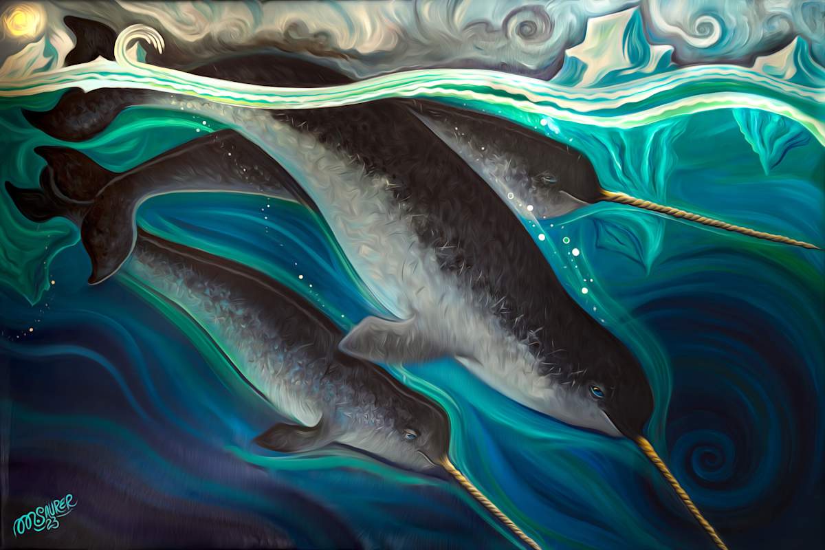 Arctic Narwhals by Marissa Kayne Saurer  Image: A showcase of a trio of narwhals swimming gracefully through an Arctic oceanic environment. The narwhals are depicted with fluid lines and a vibrant blend of colors that seamlessly flow into one another. The underwater setting is suggested through swirling blues and greens, creating a dynamic background that gives a sense of movement and depth. The narwhals' tusks are highlighted, adding an intriguing structural element to the composition. 
