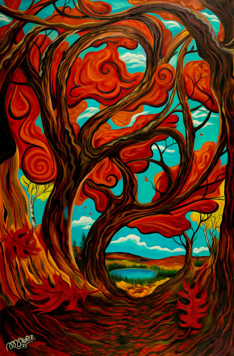 Oberg Loop by Marissa Kayne Saurer  Image: A super natural scene, with swirling, dynamic shapes composing the tree forms and foliage. The dominant use of rich reds and oranges captures the essence of autumn, enveloping the viewer in a warm, fiery embrace. The contrasting cool blue of the sky peeking through the intricate branches creates a compelling visual tension, inviting a deeper examination of nature’s interplay between earth and sky.