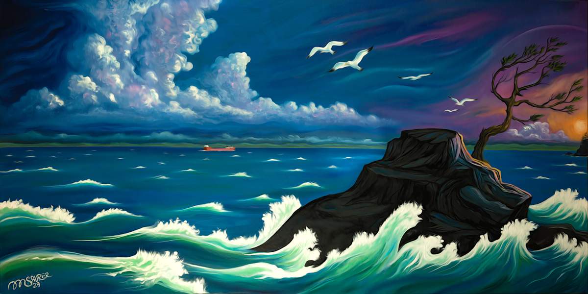 Superior Rock by Marissa Kayne Saurer  Image: This vibrant piece beautifully captures a dynamic seascape, where waves energetically crash against a rocky outcrop that shares its shape with the lake itself. The composition skillfully juxtaposes the restless energy of the sea with the serene, vast sky above. The artist has employed a striking use of color, with vivid blues and greens that convey both the coldness and turbulence of the ocean. The sky is dominated by expressive, swirling clouds, which introduce a sense of movement and drama, drawing the viewer's eye deeper into the scene.