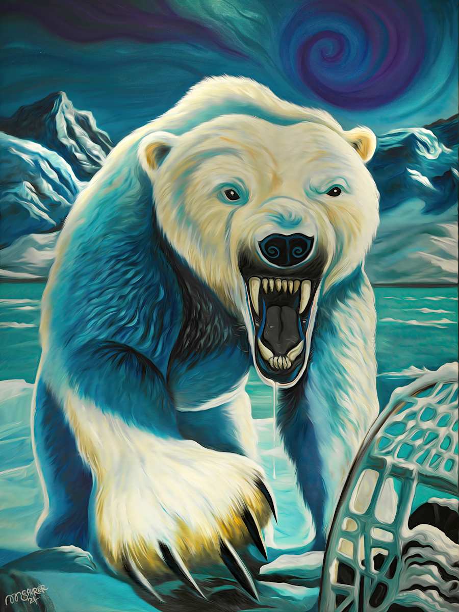 The Last Thing He Sees by Marissa Kayne Saurer  Image: Motivated by my very real respect for these massive predators, this painting depicts a powerful and dynamic image of a polar bear in an Arctic setting. The bear is shown in an aggressive position, with its mouth open and teeth bared, conveying a sense of raw energy and fierce emotion. The icy blue and white tones of the bear's fur contrast sharply with the rich purples and blues of the swirling sky, creating a visually striking and dramatic composition. In the background, snow-capped mountains and a frozen sea further enhance the chilly, remote atmosphere of the scene.

The use of bold, vibrant colors and dramatic lighting imbues the piece with an almost surreal quality, while the detailed rendering of the bear’s fur and the texture of the ice demonstrate a high level of technical skill. The spiral in the sky adds a dynamic, almost psychedelic element to the scene, suggesting a connection between the natural world and mystical or otherworldly forces.

This artwork successfully captures the majesty and raw power of the polar bear within its natural habitat. The intensity of the bear's expression and posture evoke strong emotions, drawing the viewer into the scene and compelling them to confront the wild spirit of the Arctic wilderness.