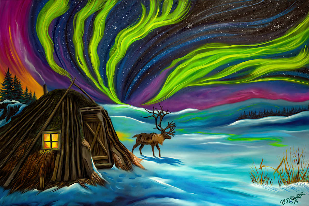 Twilight Near Abisko by Marissa Kayne Saurer  Image: A captivating depiction of a vibrant, starry night, dominated by the ethereal presence of the Northern Lights cascading across the sky with hues of green, purple, and blue. In the foreground, a rustic wooden cabin with a warmly lit window sits against the snowy terrain, evoking a sense of warmth amidst the cold. Nearby, a majestic reindeer stands, casting a shadow on the snow, which further emphasizes the enchanting glow from the cabin and the sky. The composition of trees in the background adds depth and context to the scene.