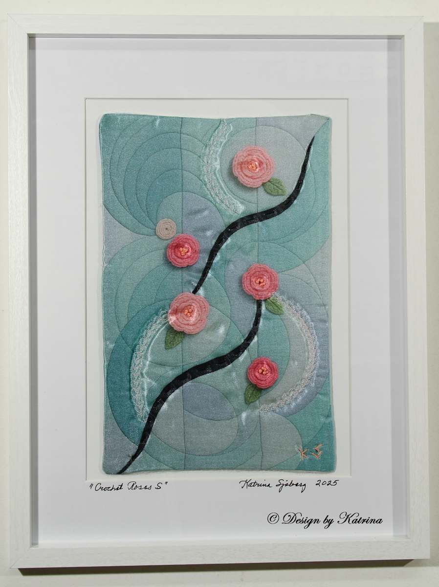 Crochet Roses S by Katrina Sjoberg  Image: A mixed media framed artwork using unique techniques.