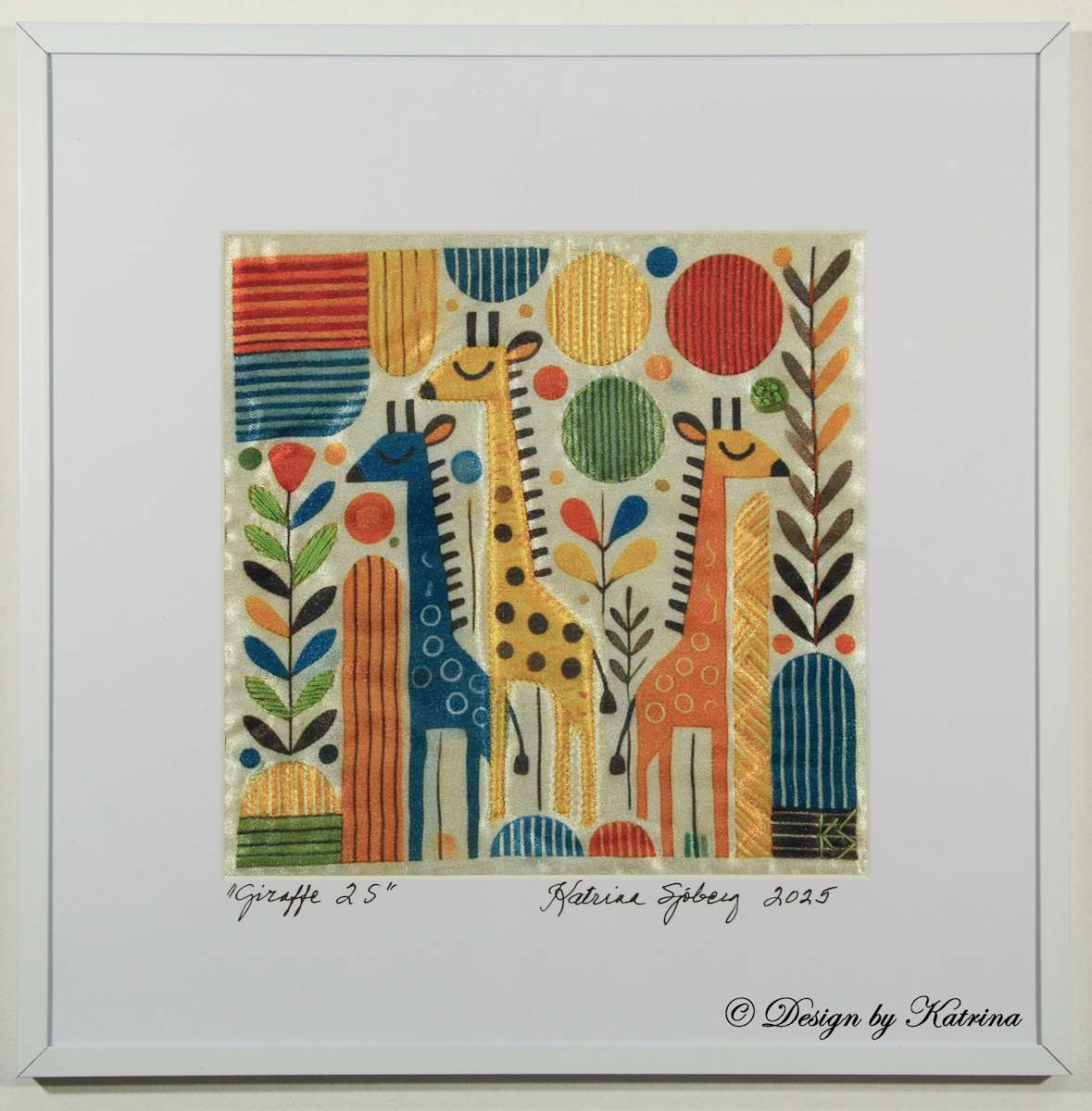 Giraffe 2 S by Katrina Sjoberg  Image: A sweet image of colorful giraffes embellished with machine and hand-embroidery.