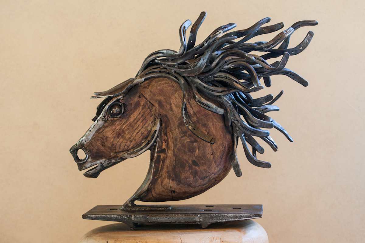 New Beginnings by Tolley Marney  Image: Recycled steel, mane made out of horseshoes and inlaid with antique 19th century wood. Sprightly and funky .