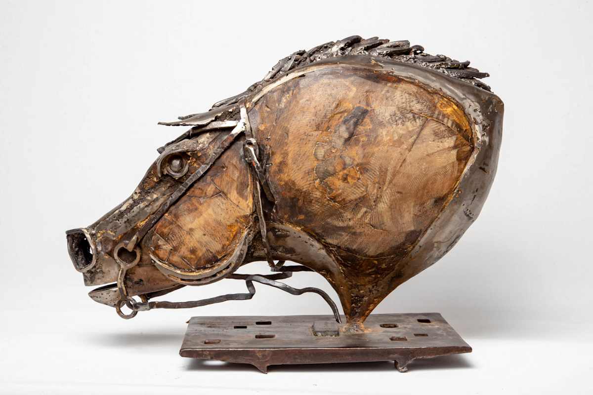 Broken Reins by Tolley Marney  Image: Hand built horsehead with broken reins from antique 19th century wood furniture and steel including vintage railroad plate.