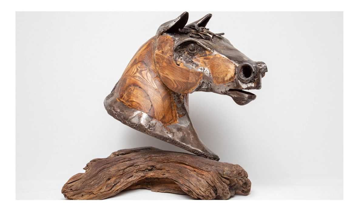 Empathy by Tolley Marney  Image: Empathy Is a sculpture that sees right into your heart. Made with recycled materials, antiques  furniture. A piece of iron wood for the base, steel that wraps around the horse head frame.