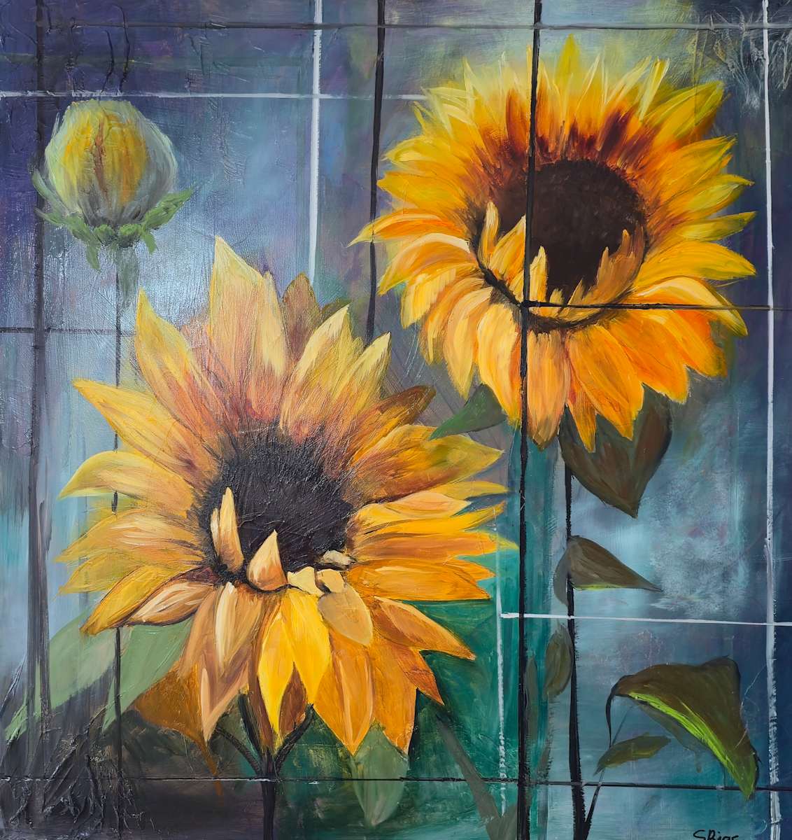 Sunflower Serenade by Shannon Rios  Image: 30x30x2 Gesso board.