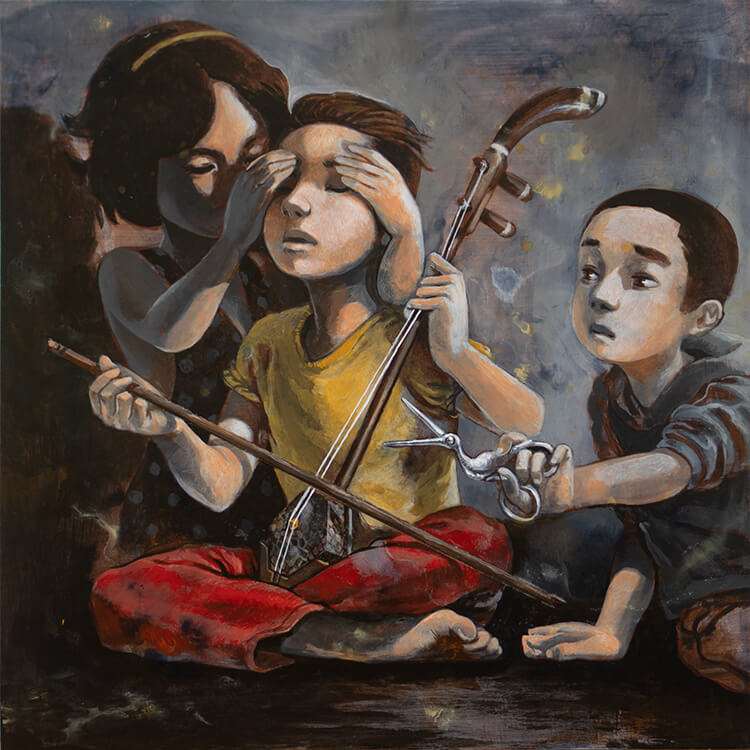 The Moirai Scissors by John Eng(er) Cheng  Image: Completely lost in a trance while singing his tale, the bard’s sight is blinded by his lover to his surroundings while another seeks to silence his song. Sing on my friend for your fate will soon be sealed.