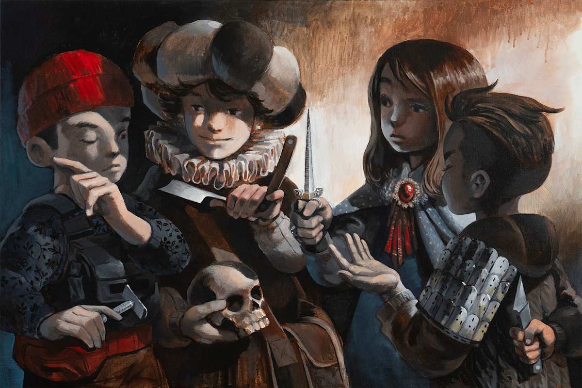 Philosophers by John Cheng  Image: Philosophers endlessly debating the ultimate truths and solutions that they seek to uncover. Their incessant need for discourse forcing them into round robins of squabbling all while death looms closer and solutions become ever more elusive.

Razors can cut away down to the core of truth, but left unused – easily rusts and crumbles to dust scattering into the wind.
