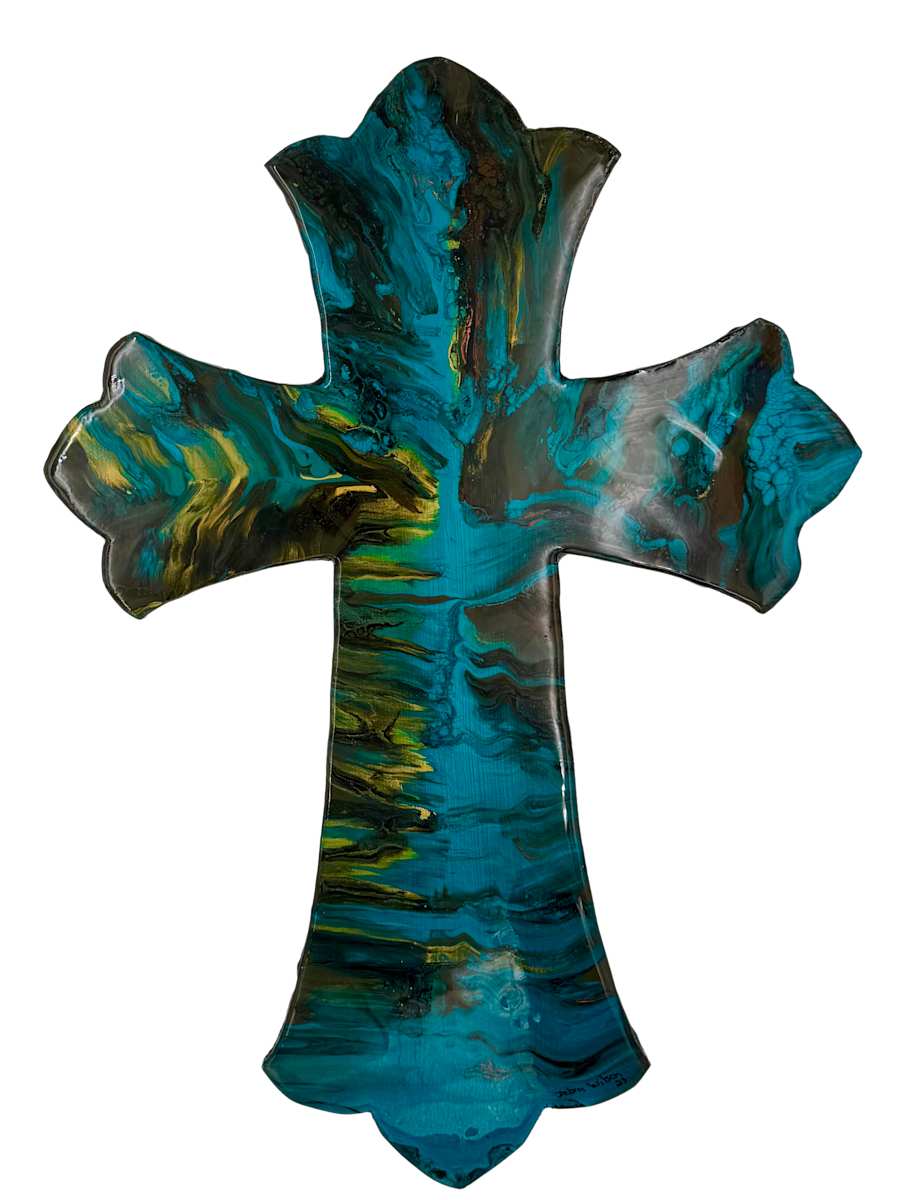 Holy Water by Debra Wilson  Image: Cross of Renewal” — Hand-poured resin over carved wood, capturing the motion of water and the promise of new life. A one-of-a-kind expression of faith and creativity.
