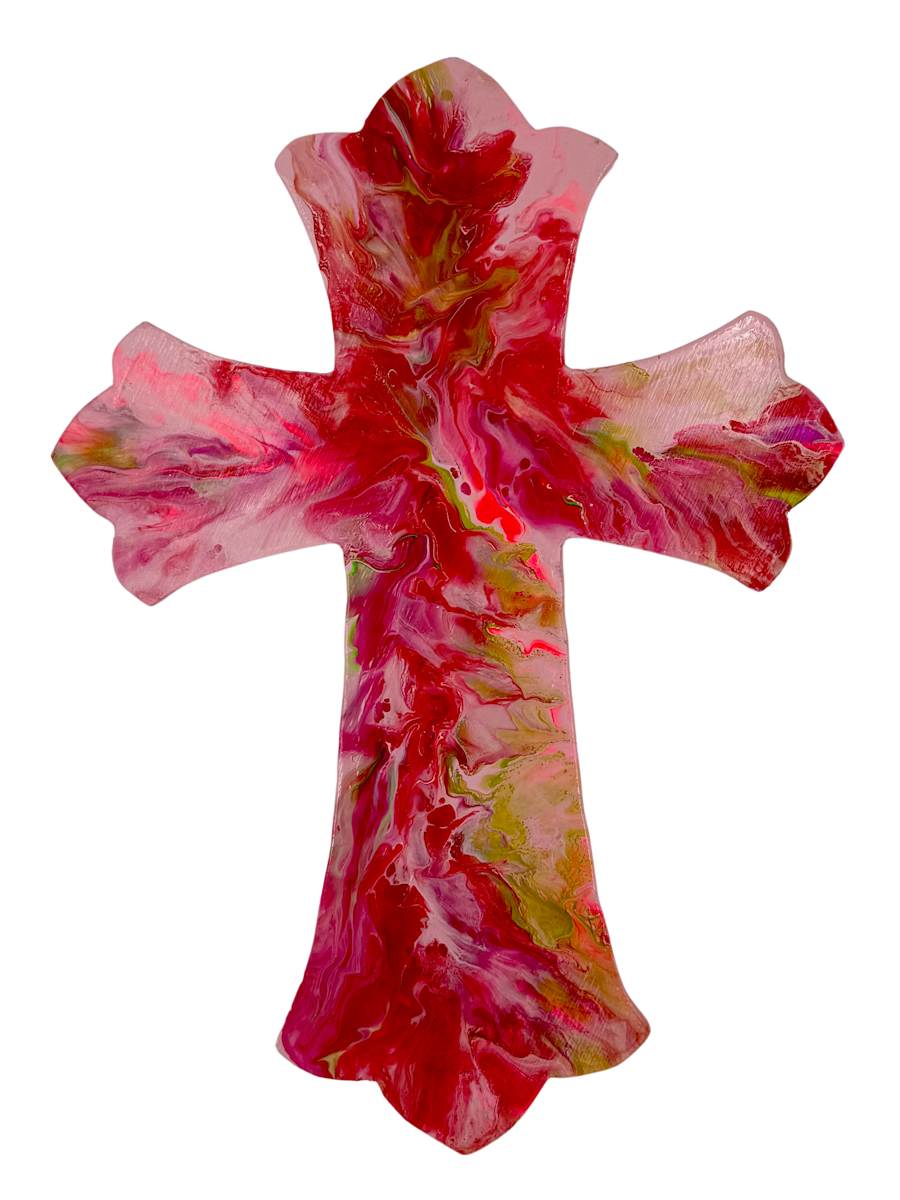 Redeeming Love by Debra Wilson  Image: Redeeming Love” — This resin cross glows in pink, red, and gold tones, capturing the passionate tenderness of Christ’s redeeming work.
