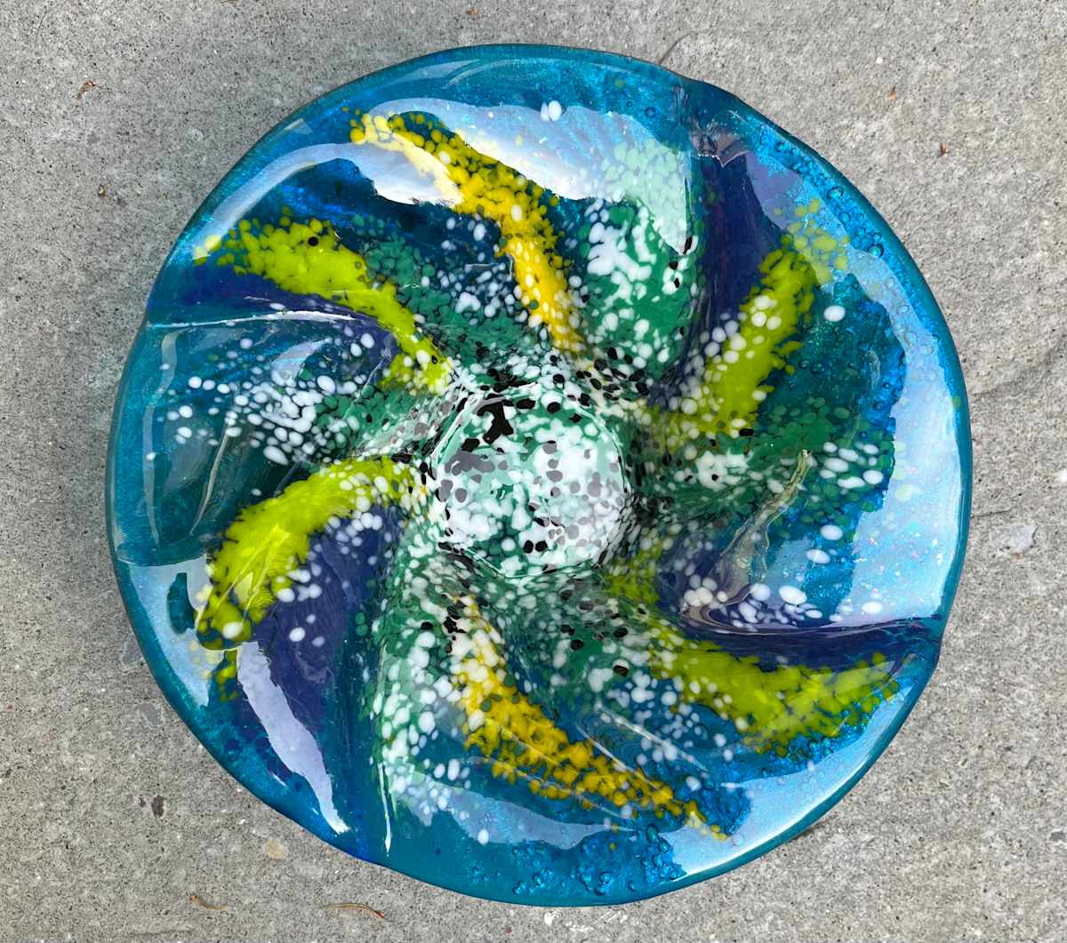 Multi-colored cyclone bowl by Julie Root Sawyer 