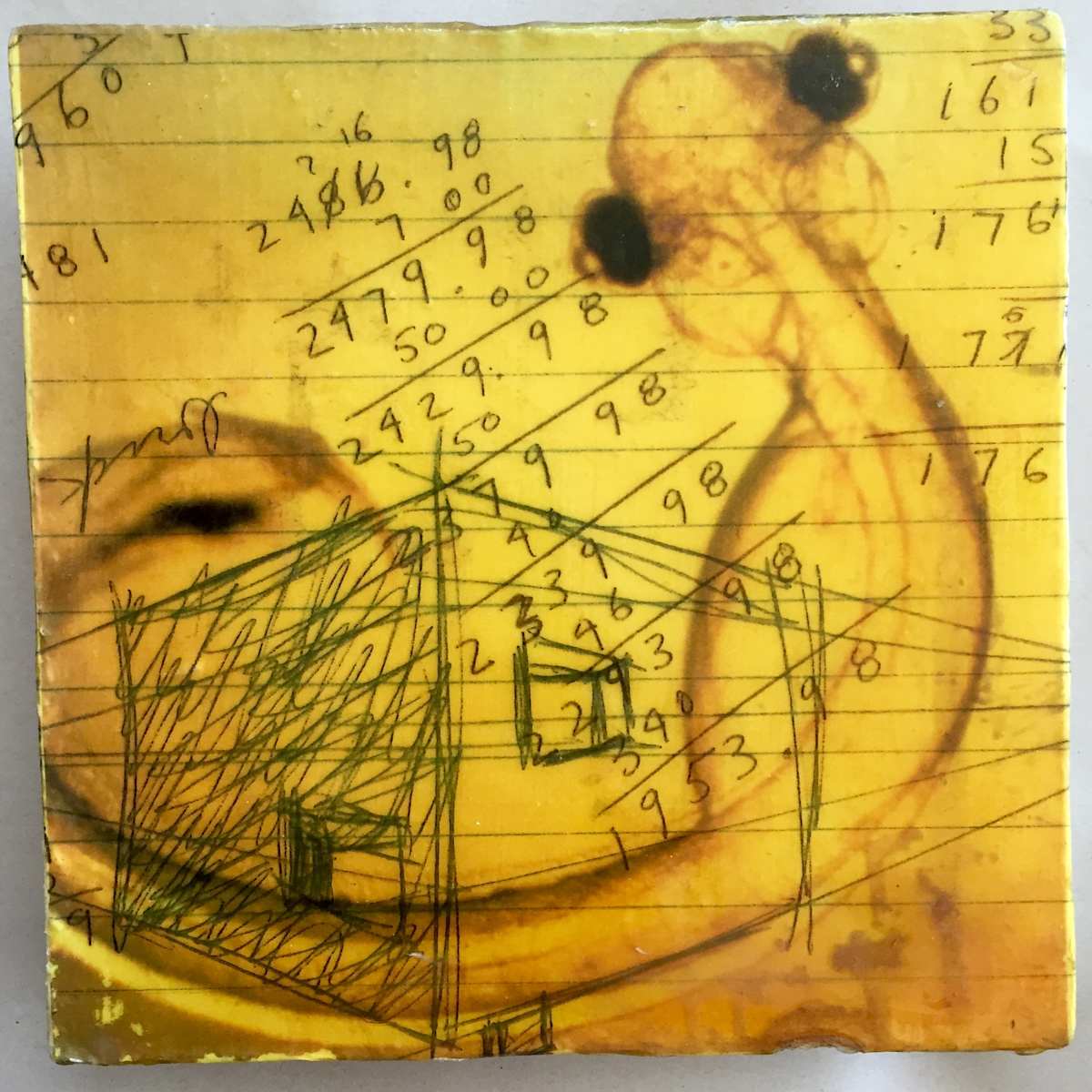 Check Book by Jon Kieltyka  Image: John Kieltyka  “Check Book” (1995) Painting, Mixed Media on Panel, 6”x6”x1”