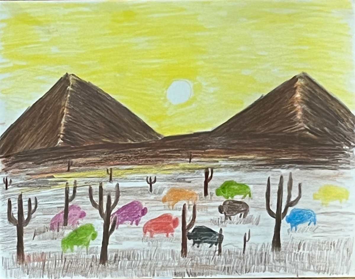 Rainbow Buffalo with Yellow Sky by Spoon Jackson  Image: Spoon Jackson, Rainbow Buffalo with Yellow Sky