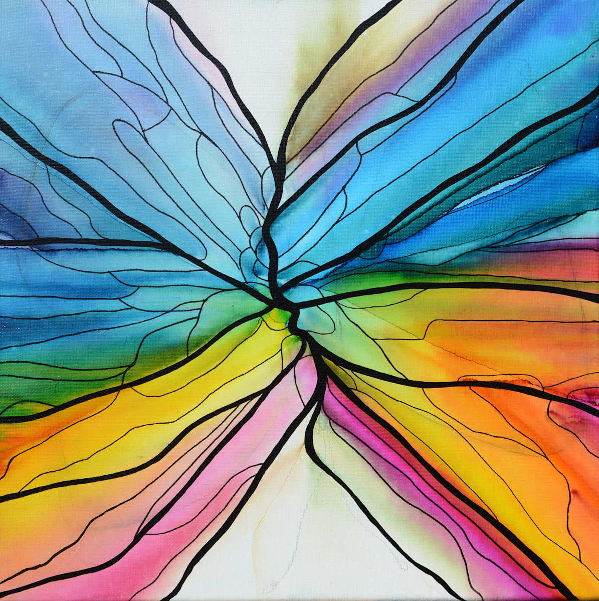 Flutterby by Angela Corey  Image: "Flutterby" - Alcohol Ink on 14x14 Canvas with Acrylic Ink Accents with Black Float Frame