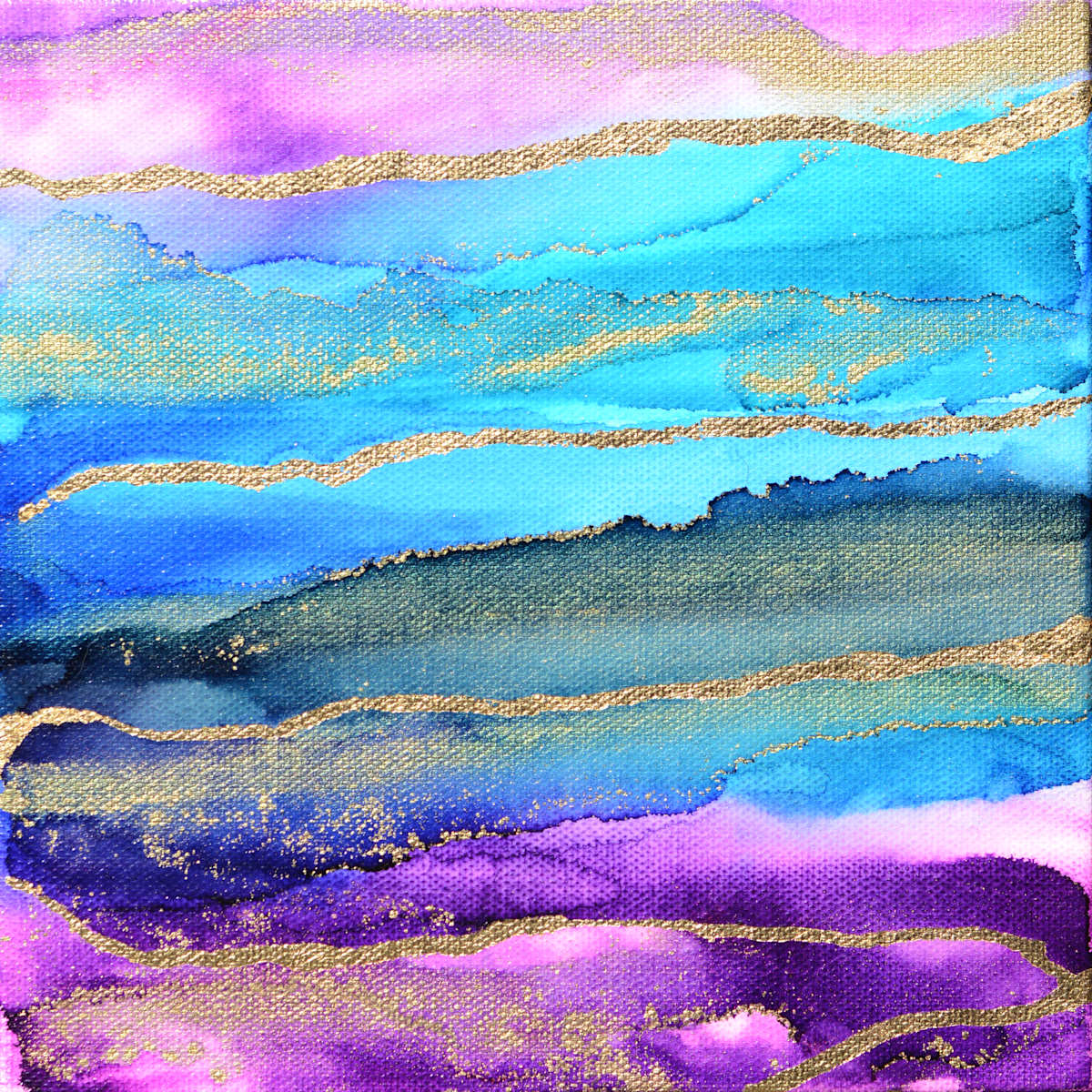 Wavelength by Angela Corey  Image: "Wavelength" - Alcohol Ink on  8x8 Canvas with Gold Leaf Accents with Black Float Frame