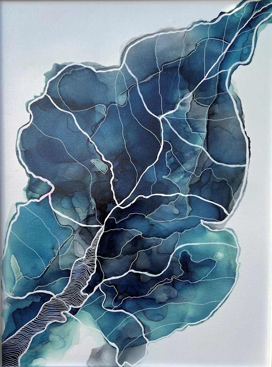 Winter Leaf by Angela Corey  Image: "Winter Leaf" - Alcohol Ink with Acrylic Ink Painting on 18 x 24" Canvas with white frame