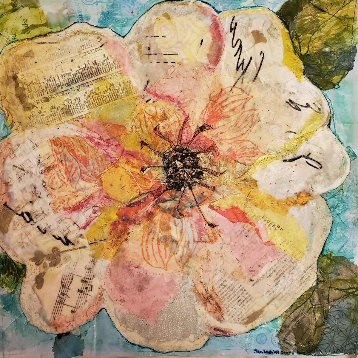 Pink Pansy by Jan Somers  Image: My creative process begins with using various inks and salt paints on various types of papers to create a rich color pallet. Created first on paper, elements are added using scrape papers and found objects such as circuit boards, maps, and dictionary pages to create the initial design. The piece is sewn with different threads to add texture. 
Once mounted on art board additional elements are then added creating a finished piece with hidden objects all adding to the fun and the finished piece. 
