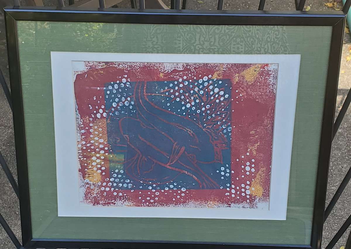 Koi Fish with Lily Pad Linoleum Block with Dots by Jan Somers  Image: This one of a kind Linoleum print was created by hand inking an original plate and then adding textured elements to create a one of a kind unique print.
