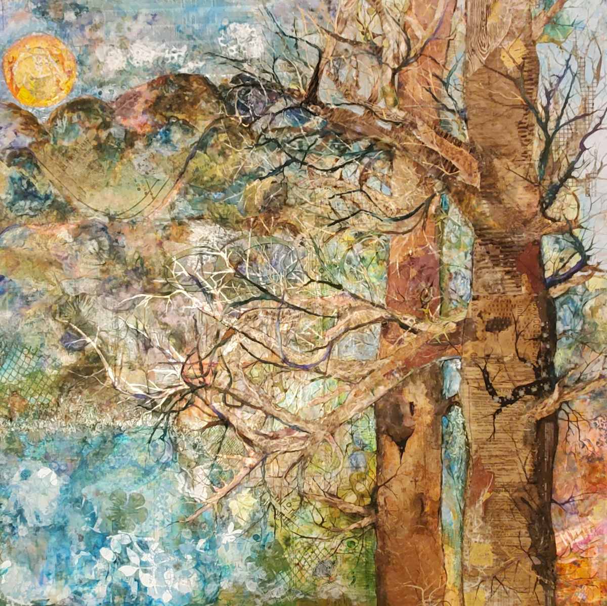 Sunrise Through the Trees by Jan Somers  Image: My creative process begins with using various inks and salt paints on various types of papers to create a rich color pallet. Created first on paper, elements are added using scrape papers and found objects such as circuit boards, maps, and dictionary pages to create the initial design. Additional elements are then added creating a finished piece with hidden objects all adding to the fun and the finished piece. 
