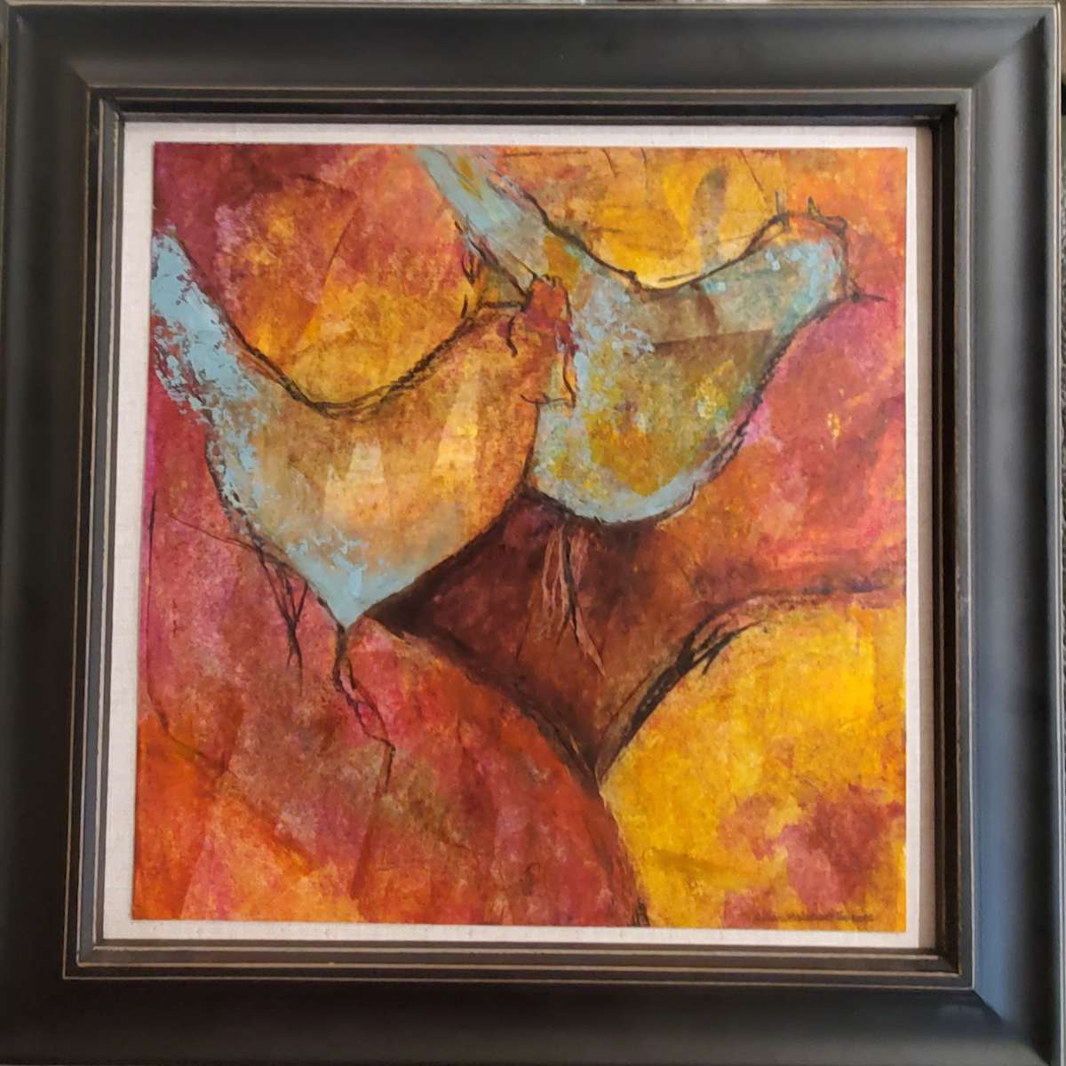 The Girls by Jan Somers  Image: Chickens in the Snow was created using a cold wax and oil paint process. The art is created using a spatula on oil paper and allows for vibrant color and abstract work. The rich colors come out in the process. 