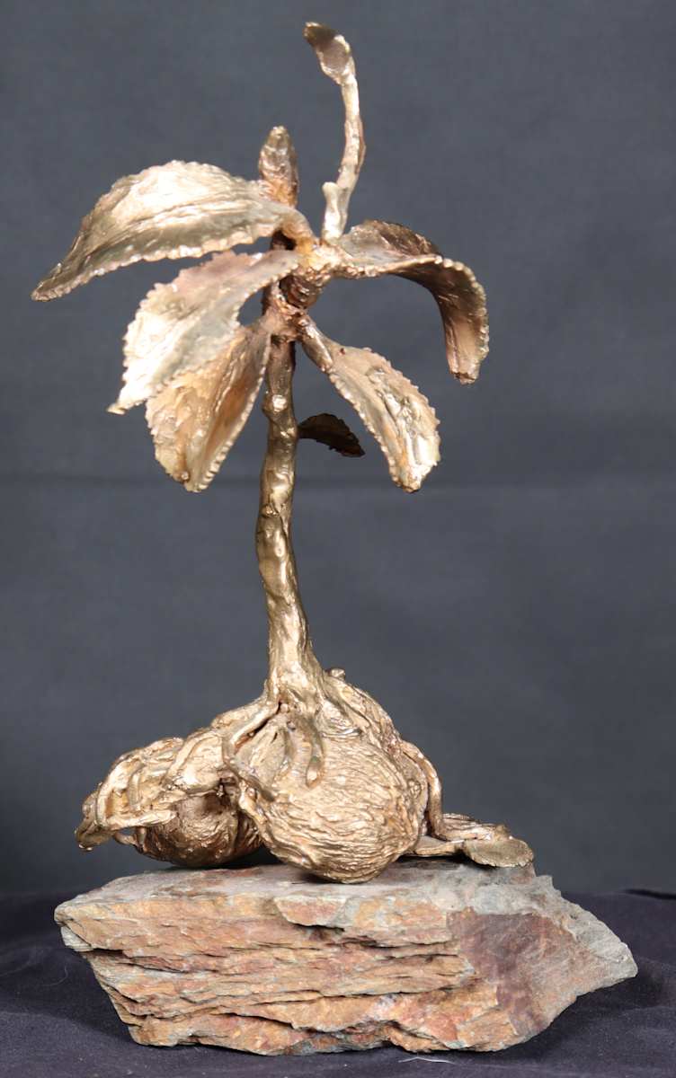 Black walnuts growing into a very full life by Jan Somers  Image: The sculpture was created representing black walnuts growing into a tree. As the tree grows the roots and Twine first a pair of wedding rings, money in the form of coins, and a key to a home creating a life together as they become entwined and grow strong and tall.