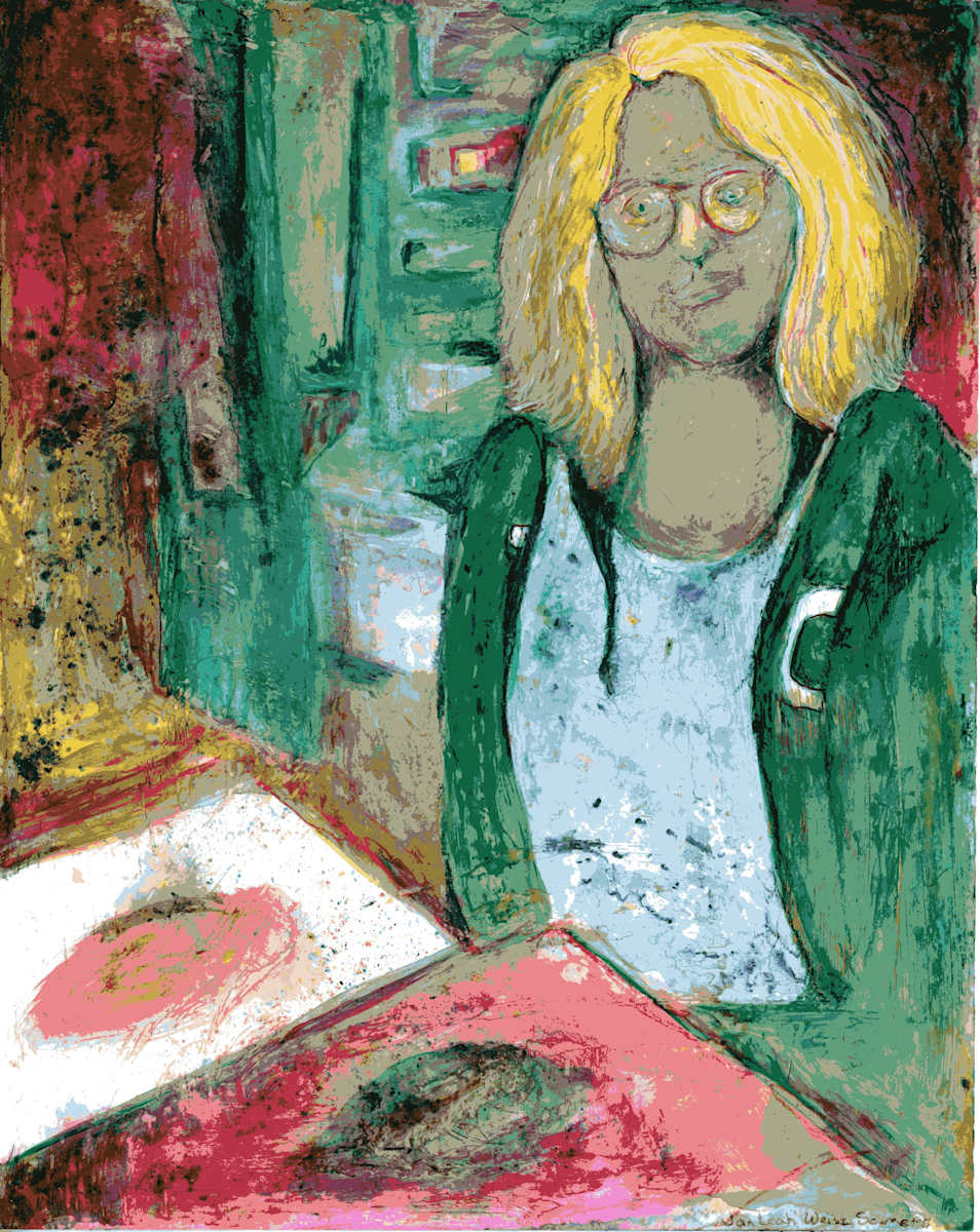 Self Portrait by Jan Somers  Image: Some fun with photo transfer creating a self portrait and then embellished with acrylic paint and watercolor salts for a fun expressive portrait. 