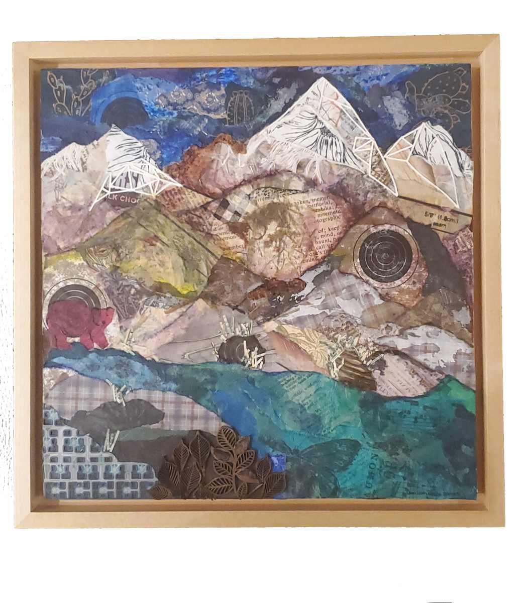 Mountain River Bear by Jan Somers  Image: My creative process begins with using various inks and salt paints on various types of papers to create a rich color pallet. Created first on paper, elements are added using scrape papers and found objects such as circuit boards, maps, and dictionary pages to create the initial design. Additional elements are then added creating a finished piece with hidden objects all adding to the fun and the finished piece.