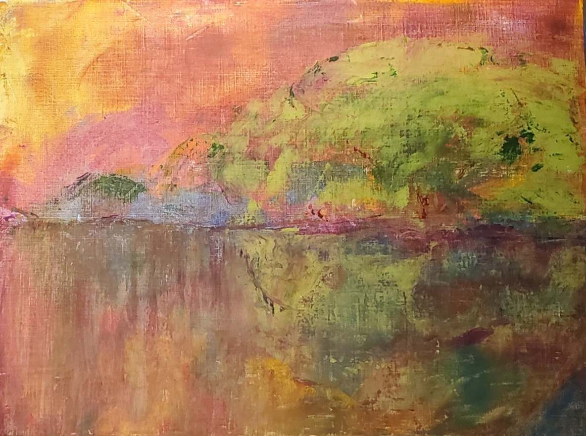Sunset Over Lake by Jan Somers  Image: Sunset Over Lake was created using a cold wax and oil paint process. The art is created using a spatula on oil paper and allows for vibrant color and abstract work. The rich colors come out in the process. 