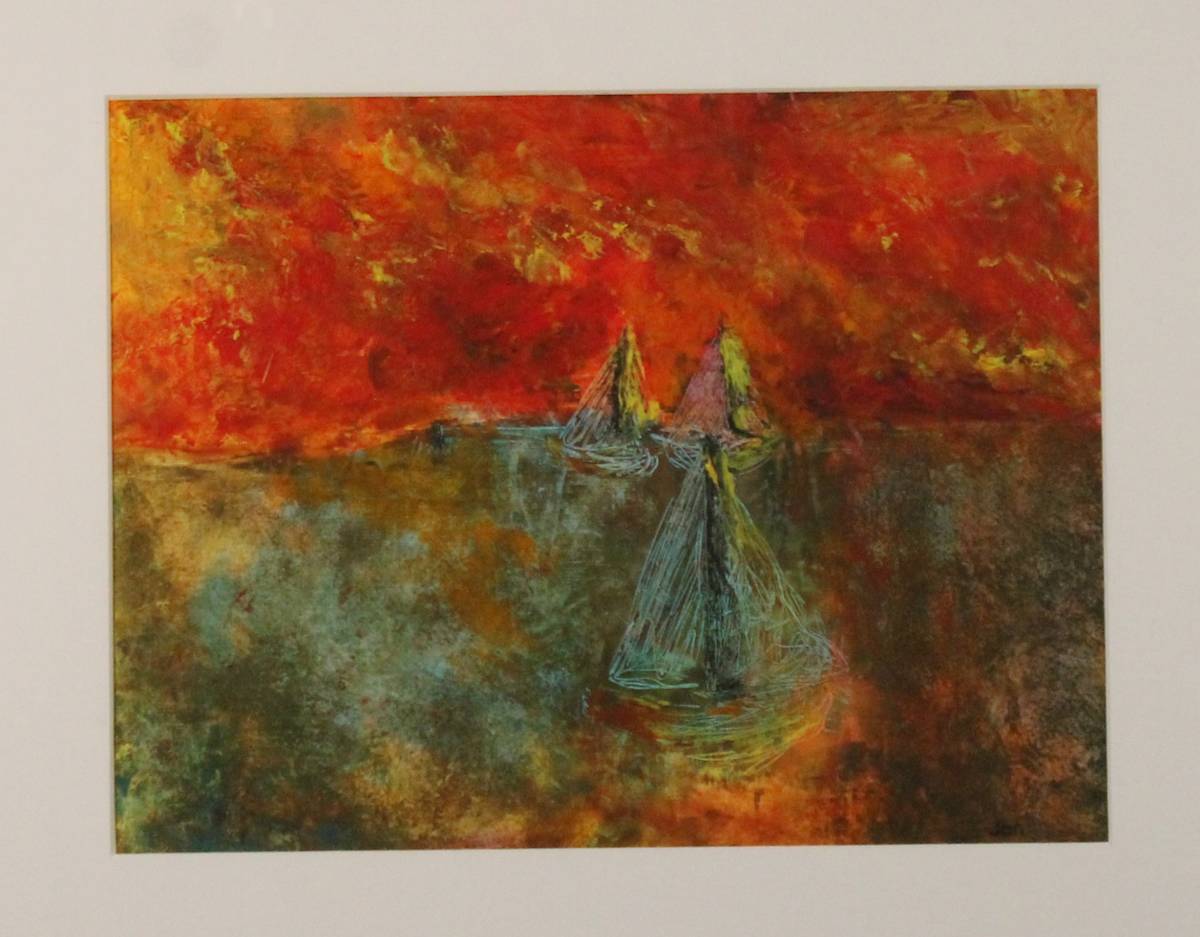 Sail Boats at Dusk by Jan Somers  Image: Sail Boats at Dusk was created using a cold wax and oil paint process. The art is created using a spatula on oil paper and allows for vibrant color and abstract work. The rich colors come out in the process. 