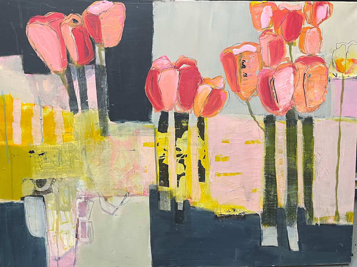Tulips on Parade by Patricia Coughlin  Image: Major revision on an abstract that wasn't working.  Look at what bloomed!