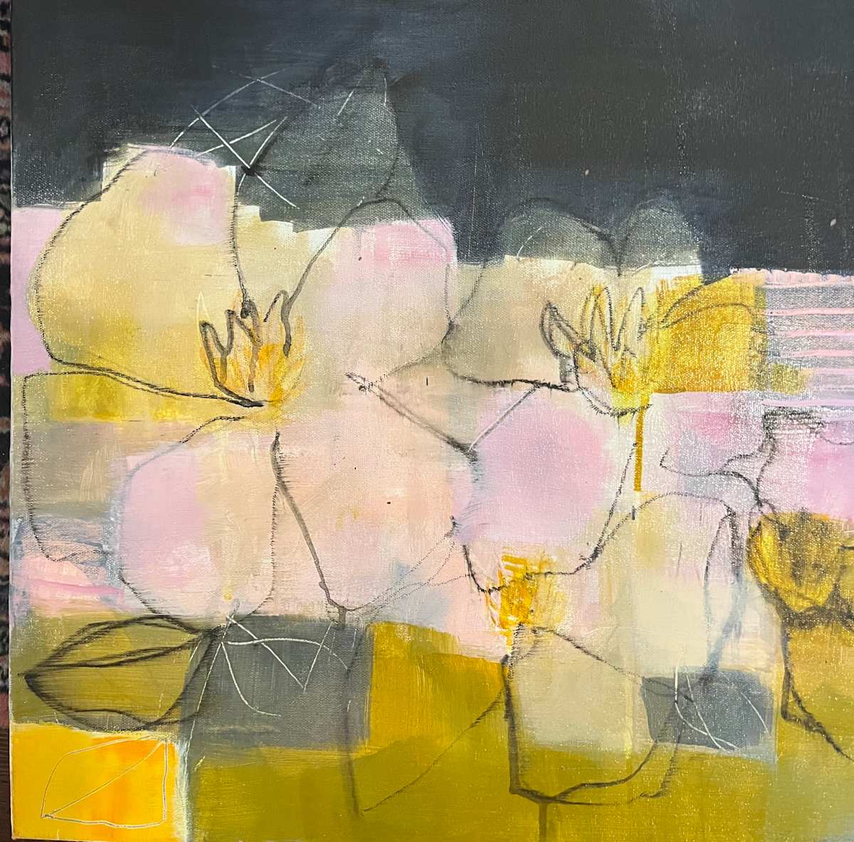 Magnolias #2 by Patricia Coughlin  Image: One of my first abstract florals. I have always loved flowers and have them in my home at all times. They bring life and color and beauty into the space and lift my spirits.  I will never be without them.

