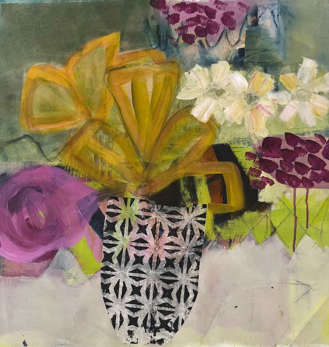 Muted Opposition by Patricia Coughlin  Image: There is something about a muted palette that is both soothing and mysterious.  Adding the geometric pattern in the vase really added contrast and interest to this piece.  While the first several pieces in this series were bold and bright, I felt the impulse to go in the other direction and tone things down. Coming from a place of peace and tranquility instead of outrage feels good!