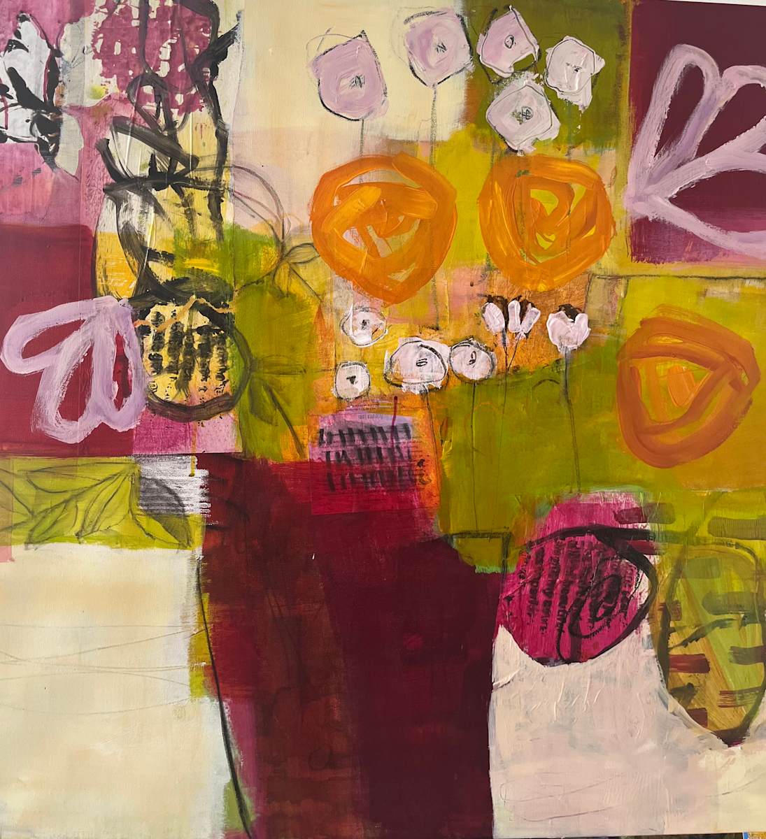 Rambunctious by Patricia Coughlin  Image: I love this one - the colors, composition and asymmetry all work !  This was originally an OK abstract but it didn't do much for me. I sat with it for months and then, when this surge of defiant joy erupted, I knew this had to become a floral.  The asymmetry is especially pleasing to me, as I don't tend to respond to images that are too ordered and balanced.