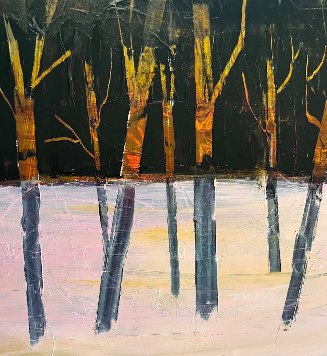 trees in snow by Patricia Coughlin  Image: oil on board
