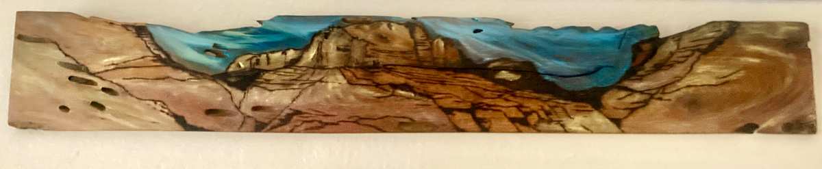 Blacktail Canyon Grand Canyon by Heart of the Sun Gallery  Image: Josephine Thomason & Joseph Marshall 2025 paint and wood burning on mesquite wood
