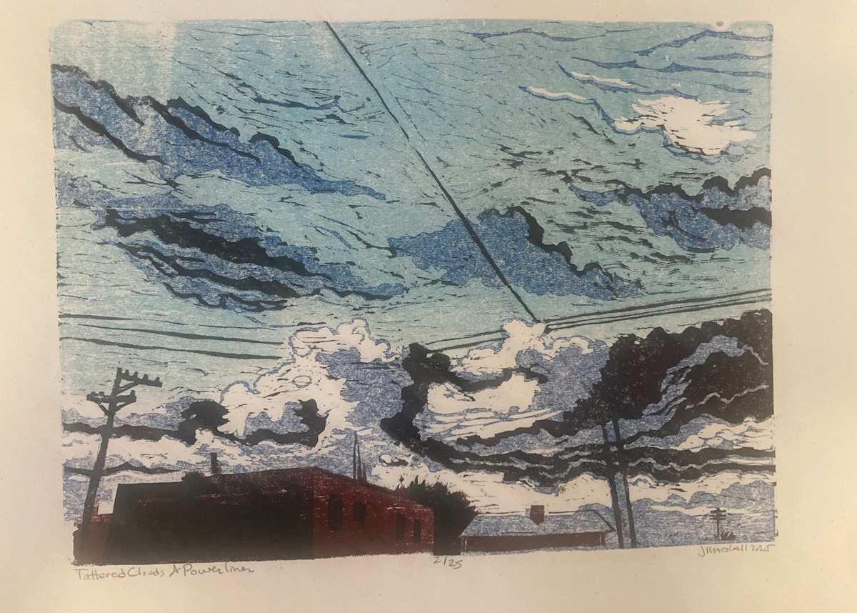 Tattered Clouds & PowerLines by Heart of the Sun Gallery  Image: Six color cherry woodblock. Edition of 25. 2025