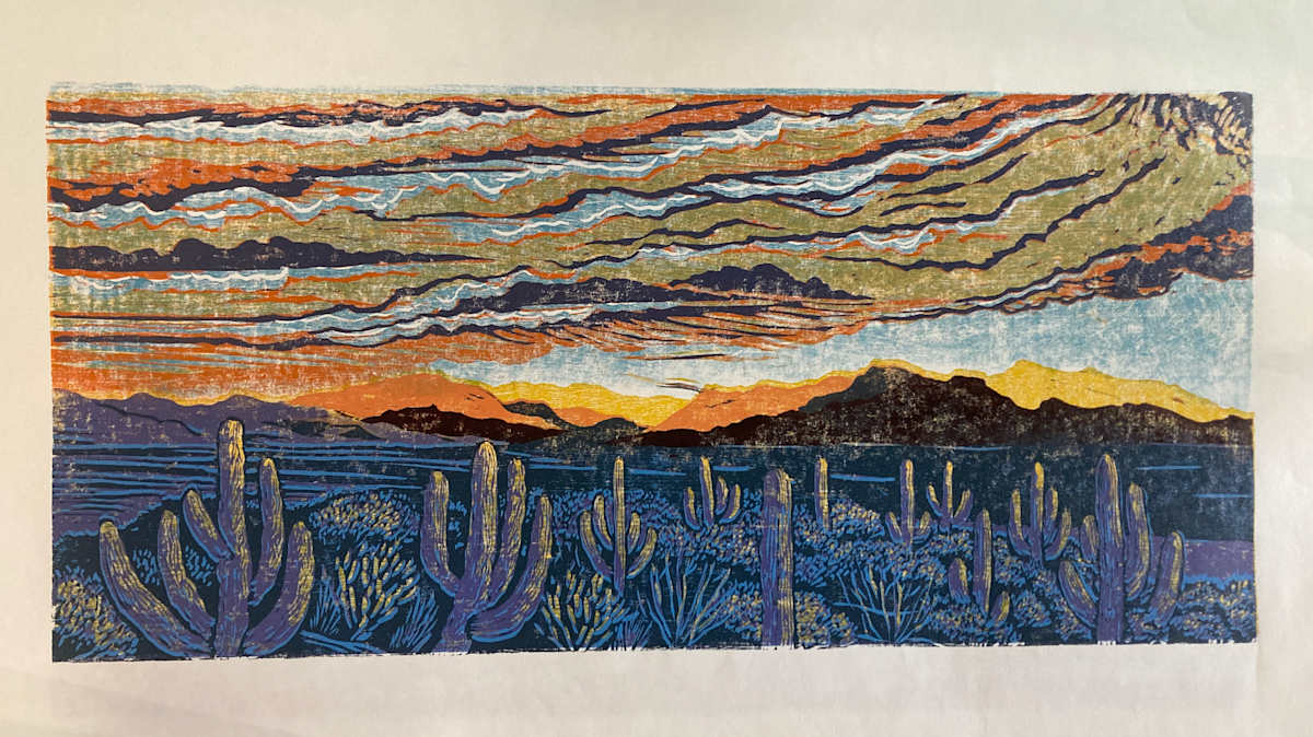 Tucson Mountains (purple) by Heart of the Sun Gallery  Image: Ten color cherry woodblock. Edition of 15. 2025