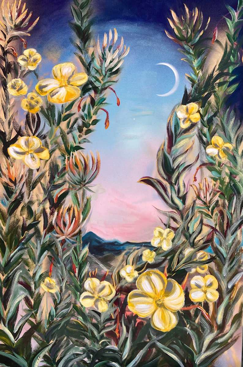 Evening Primrose at the Eighth Gate by Josephine Thomason by Heart of the Sun Gallery  Image: Wild evening primrose blooming on the mountain at the eighth Venus gate