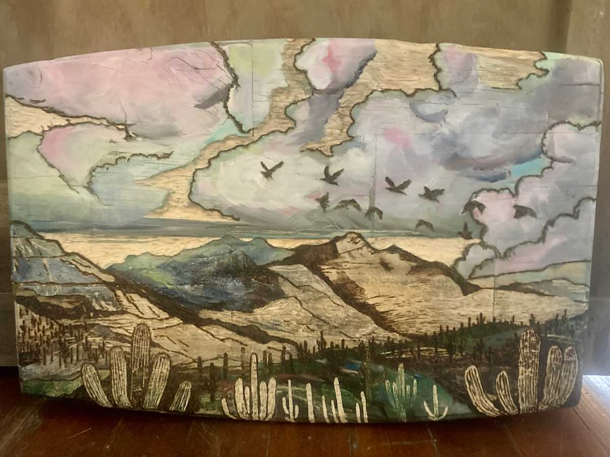 Vista of Giants by Heart of the Sun Gallery  Image: Collaboration between Josephine Thomason and Joseph Marshall  Made from a repurposed tray table top