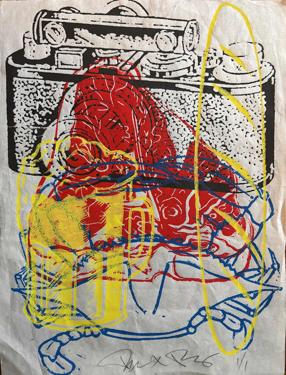 5 block image study series  camera,Steak, Beer, Crab & Baguette by Francis Pavy 
