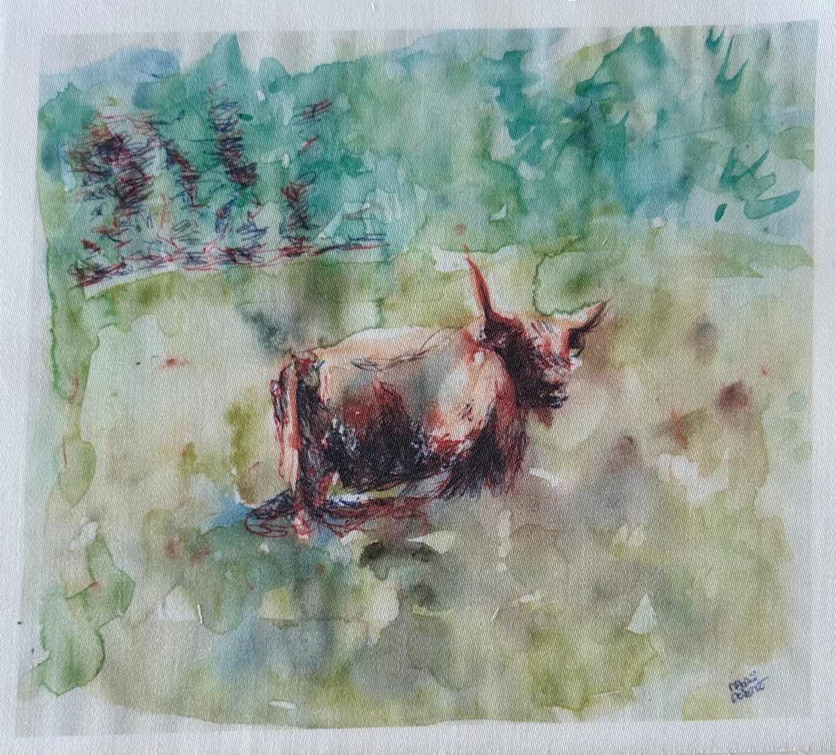 Tissu - Vache HighlandsII by Marie Désert 