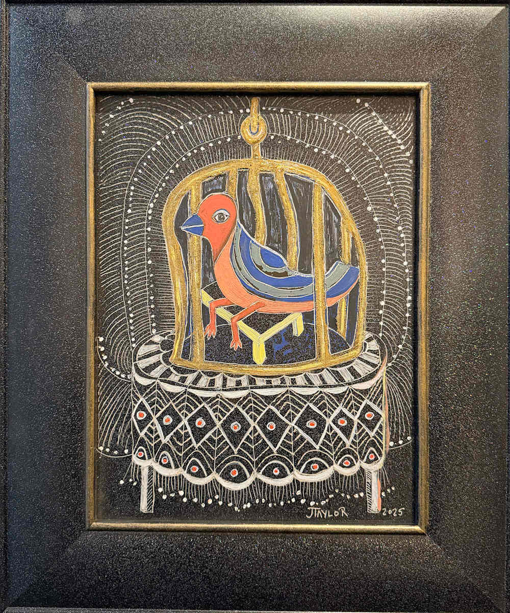 Caged Bird on Lace Tablecloth by Jennifer Taylor 