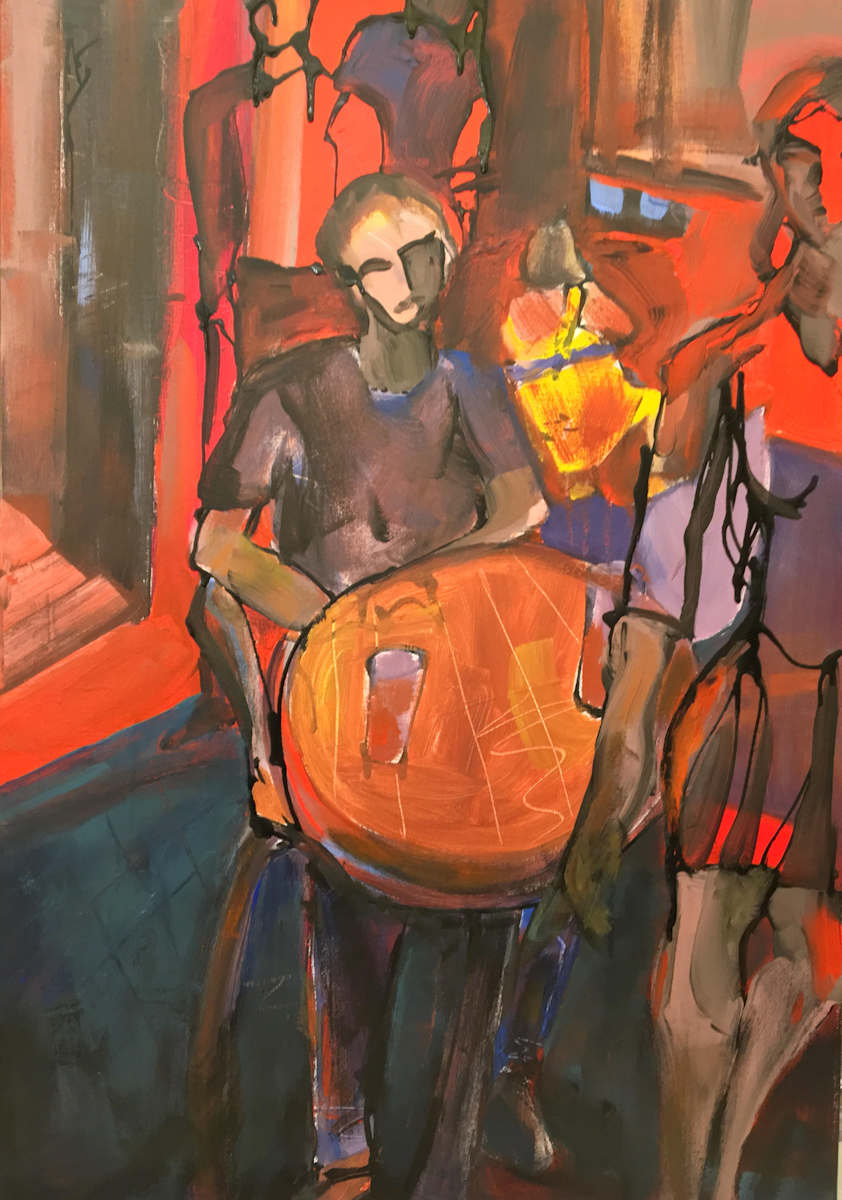 Chance Encounters by Elaine Weiner-Reed  Image: Artist's painting of her son sitting in a café in Ireland. She imagines the woman walking out of the frame has captured the young man's attention. 