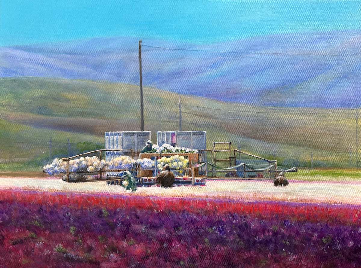 Flower Harvesting At Lompoc, California by Pei-Tse Goh  Image: Acrylic on canvas 12 x 16 inch 