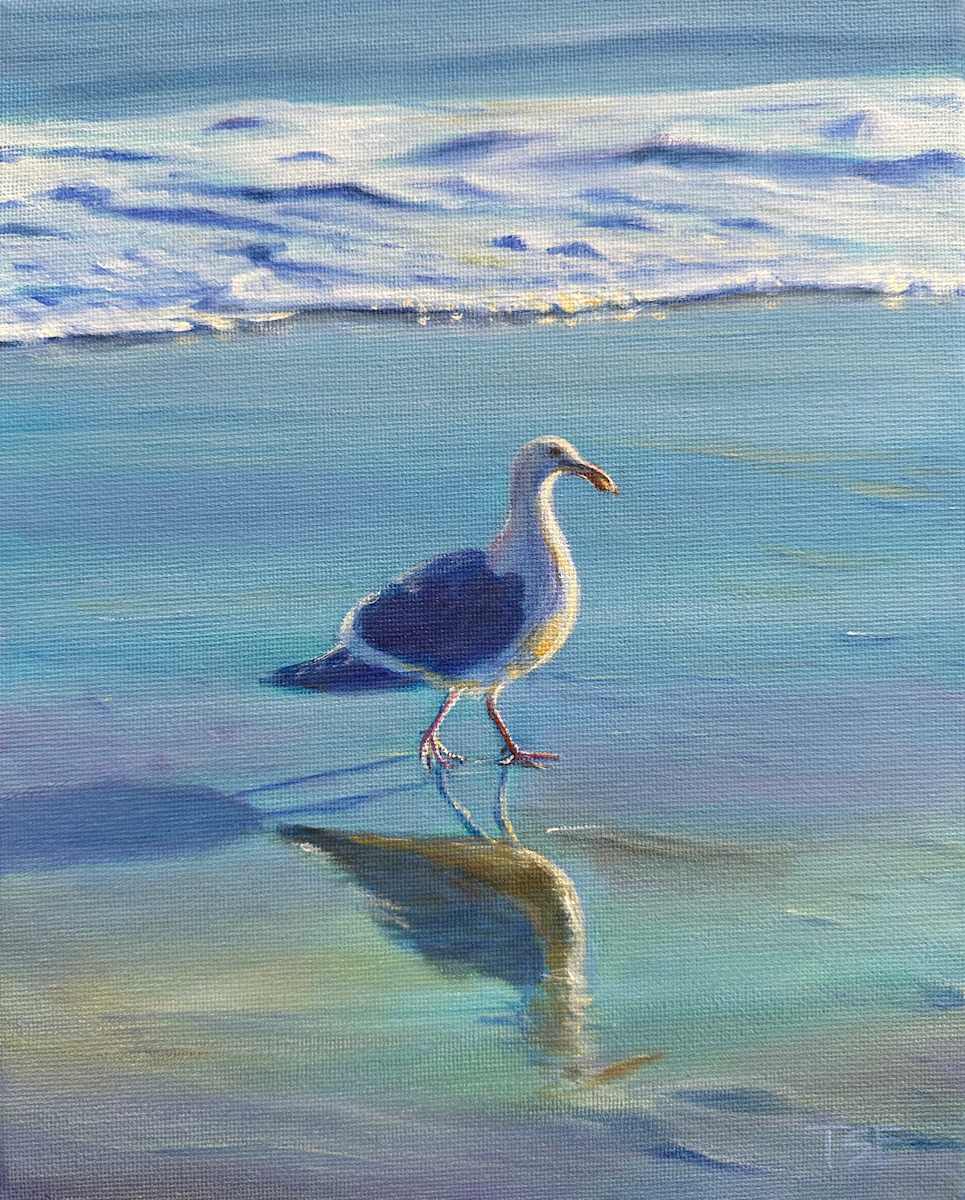 The Reflections by Pei-Tse Goh  Image: Took this photo at the Malibu beach one hot evening. The beautiful reflections on the sands inspired me to paint this painting.