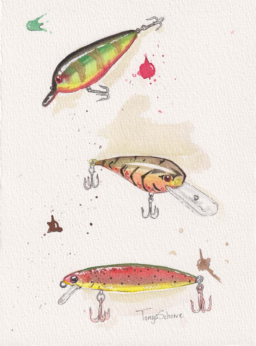 3 Lures by Tonya Schorre  Image: There is no doubt in my mind that my husband is one of my biggest and most unwavering supporters. One day, while he was proudly showcasing my work at his daily job, a man casually asked, “Does she make anything for dudes?” I couldn't help but laugh at this rather amusing question and, inspired by the moment, I came up with this awesome piece. While fishing is certainly not just for “dudes,” there is an undeniable beauty found in the lures themselves. Their vibrant colors are striking and captivating, and they truly deserve to be painted, displayed, and admired by all who appreciate art.