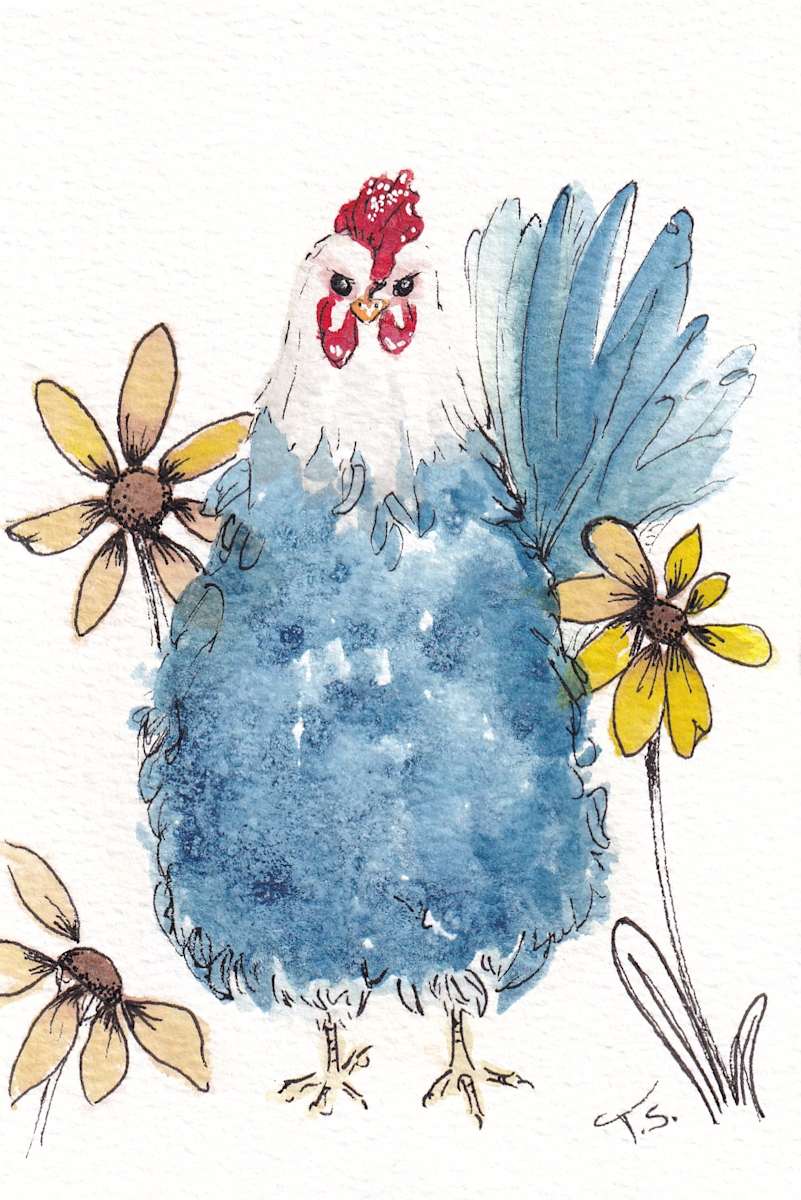 Karen the Whimsical Blue Chicken by Tonya Schorre  Image: Karen is always slightly annoyed but beautiful nonetheless! Her serious, no nonsense attitude gives this little painting such character. 